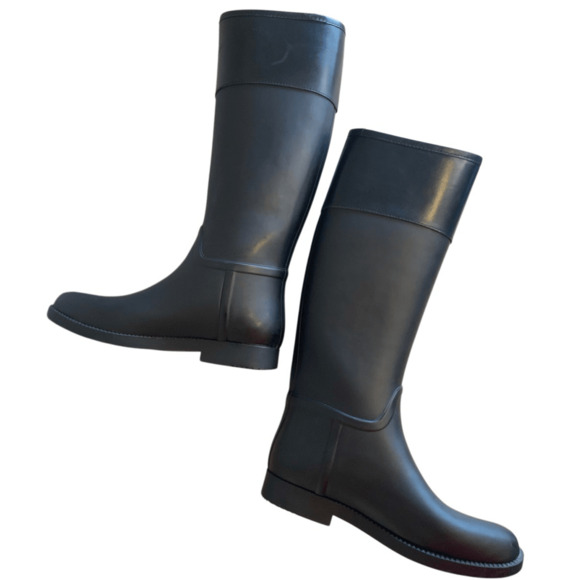 Tory Burch Black Knee High Leather Rubber Boots - Picture 6 of 12